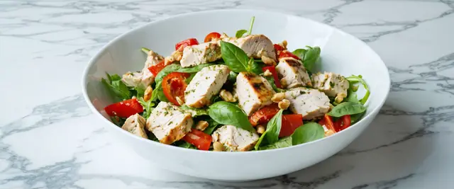 Roasted Red Pepper and Pesto Chicken Salad with Pine Nuts