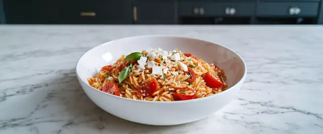 Roasted Red Pepper and Tomato Orzo with Feta