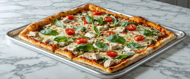 Sheet Pan Chicken Pesto Pizza with Cherry Tomatoes
