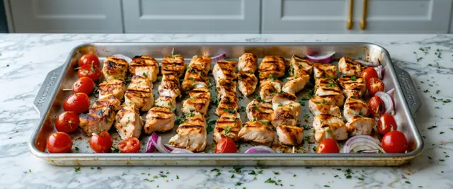 Sheet Pan Chicken Souvlaki with Cherry Tomatoes and Red Onions