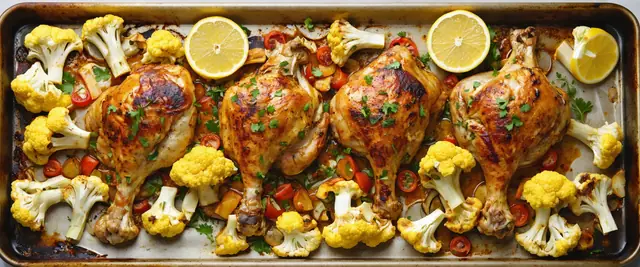 Sheet Pan Curry Roasted Chicken with Cauliflower