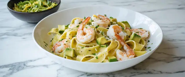 Shrimp and Avocado Pappardelle with Lemon Garlic Butter