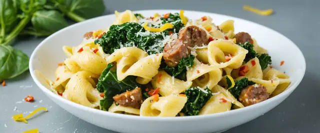 Spicy Sausage and Kale Campanelle with Red Pepper Flakes