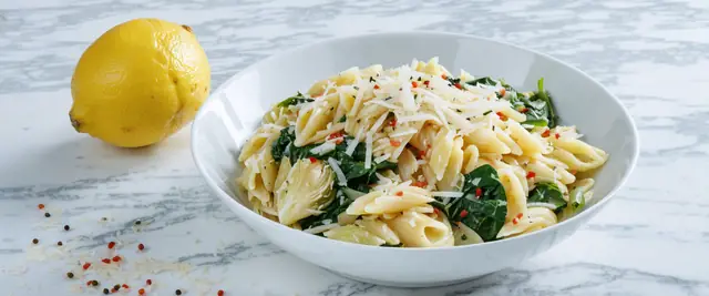 Spinach and Artichoke Orzo Bowl with Lemon Parmesan Dressing