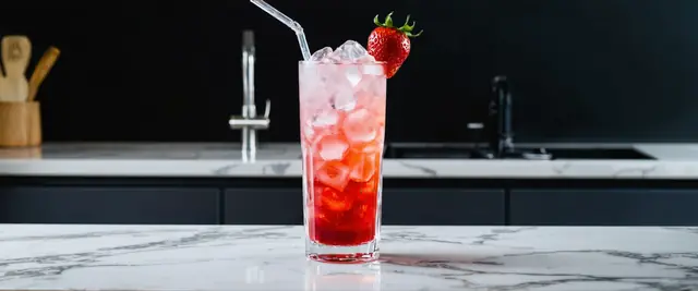 Strawberries and Cream Dirty Soda Made with Soda, Strawberry Syrup, Cream, and Pebble Ice