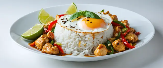 Thai Basil Chicken Rice Bowl with Sweet Chili Lime Sauce