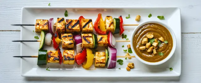 Tofu and Veggie Skewers with Peanut Sauce