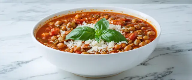 Tomato Basil Lentil Stew with Farro and Basil Pesto