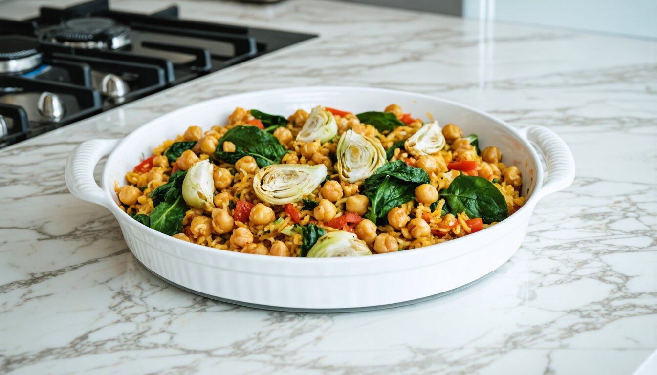 Chickpea and Spinach Paella with Artichoke Hearts - Chopped