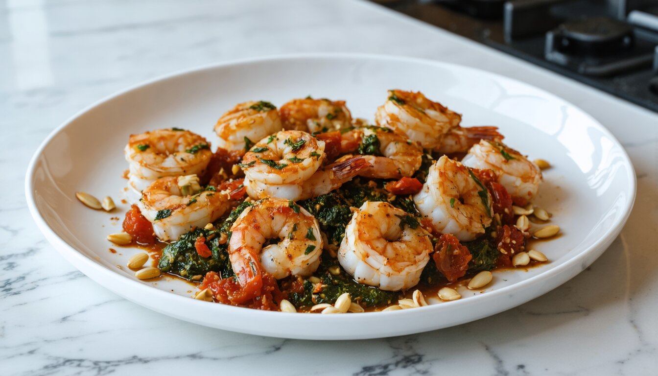 Blackened Shrimp with Sun-Dried Tomato Pesto and Pine Nuts - Chopped