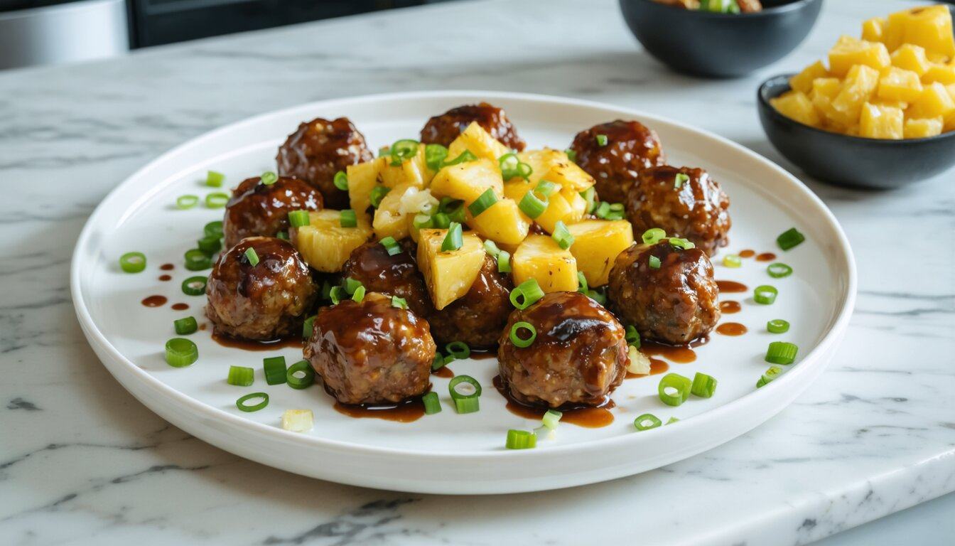 Ginger Teriyaki Turkey Meatballs with Pineapple - Chopped