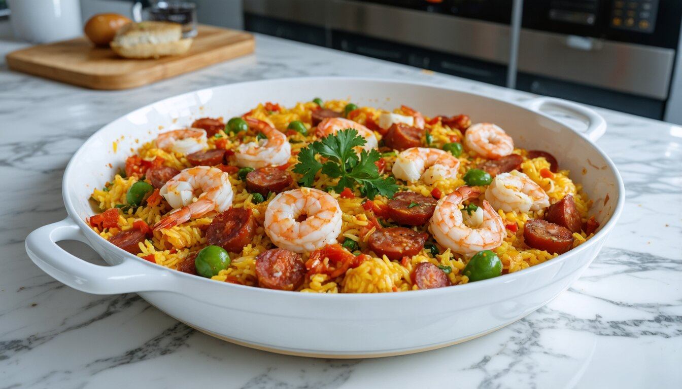 Saffron-Infused Paella with Chorizo and Shrimp - Chopped