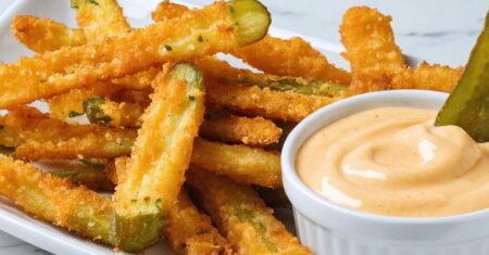 Crispy Parmesan Pickle Fries with Ranch Hot Honey Dip