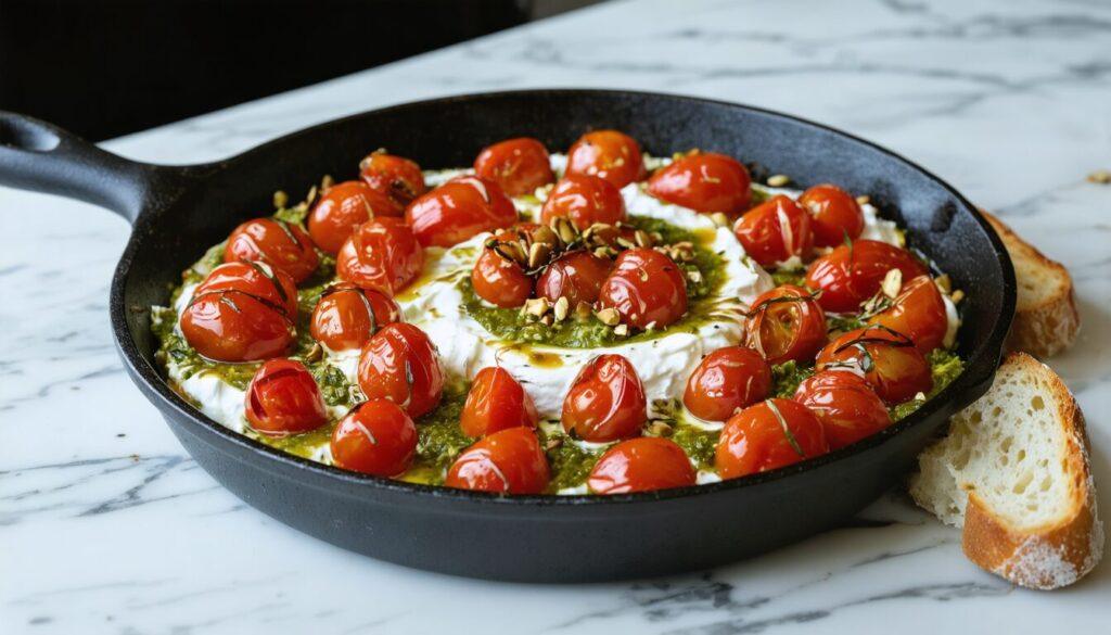 Lemon Ricotta with Sizzling Cherry Tomatoes and Pistachio Pesto