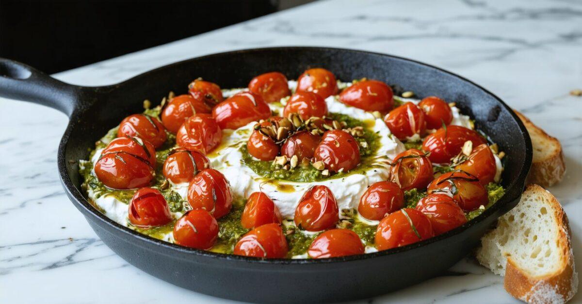 Lemon Ricotta with Sizzling Cherry Tomatoes and Pistachio Pesto