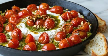 Lemon Ricotta with Sizzling Cherry Tomatoes and Pistachio Pesto