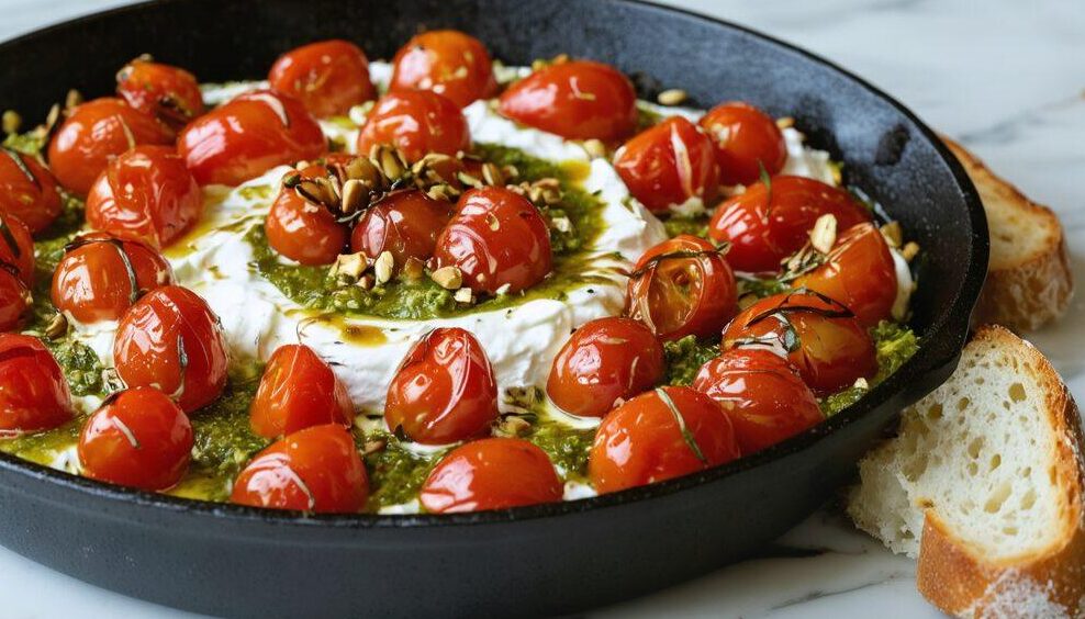 Lemon Ricotta with Sizzling Cherry Tomatoes and Pistachio Pesto