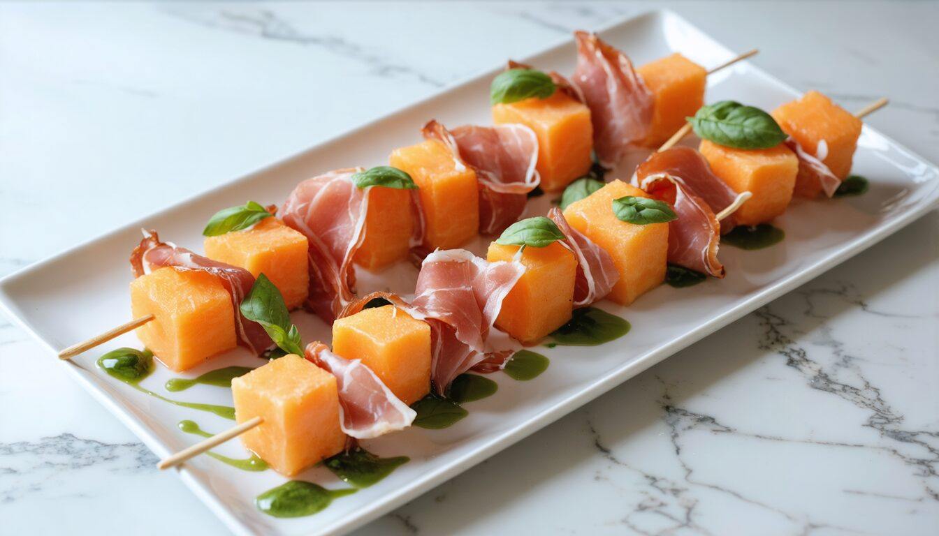 Melon Prosciutto Skewers with Basil Drizzle - Chopped